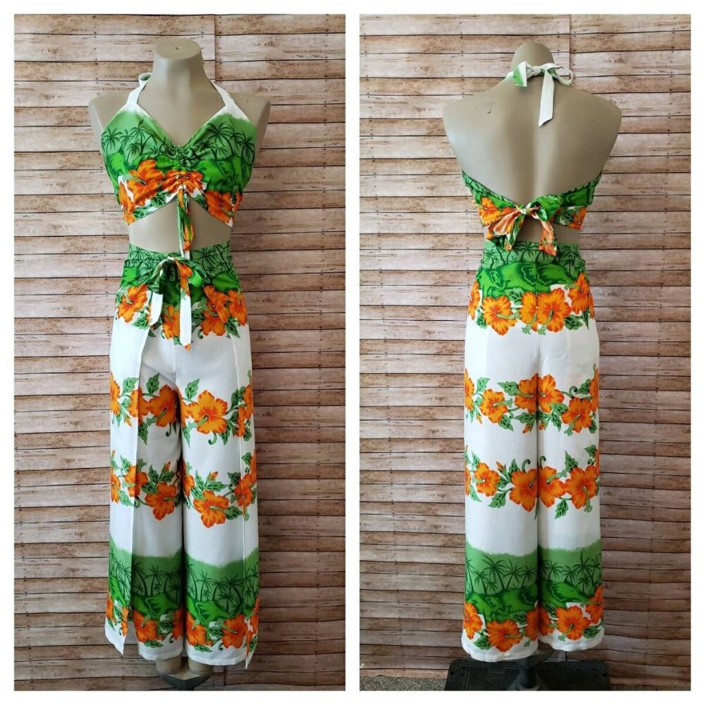 Hibiscus Collection Hawaii Two Piece Outfit - Wrap Pants and Halter Top | Size M